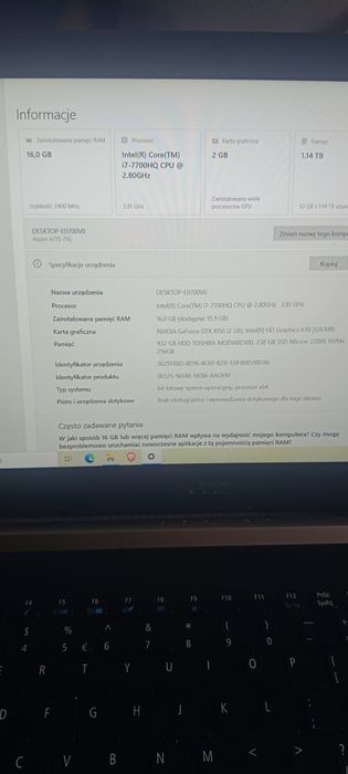 Acer Aspire 7 | i7-7700HQ | 16GB ram ddr4GTX 1050 | SSD NVMe 256GB + H