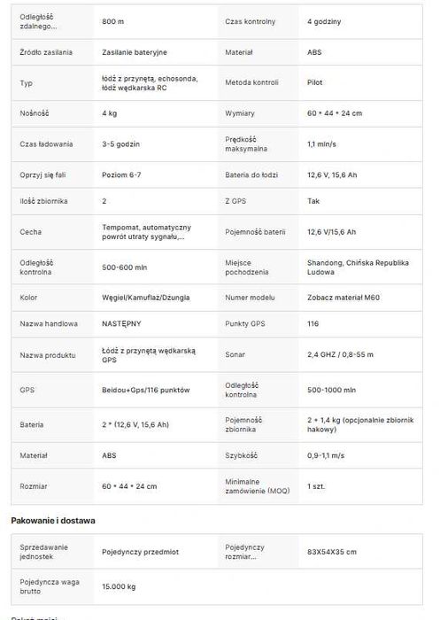 Łódka Zanętowa M60 GPS Echosonda Auto Powrót Akumulator 2x 15,6A