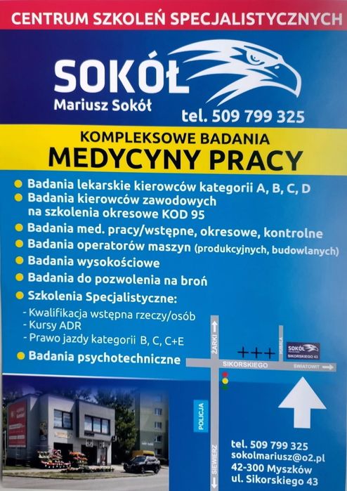 Badania na broń, Kompleksowe Badania Medycyny Pracy Myszków.
