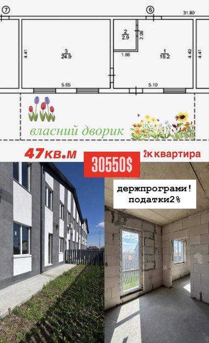 Продаж! 2к квартира з власним двориком! Держпрограми! Мінімальне оформлення! Гнатівка
