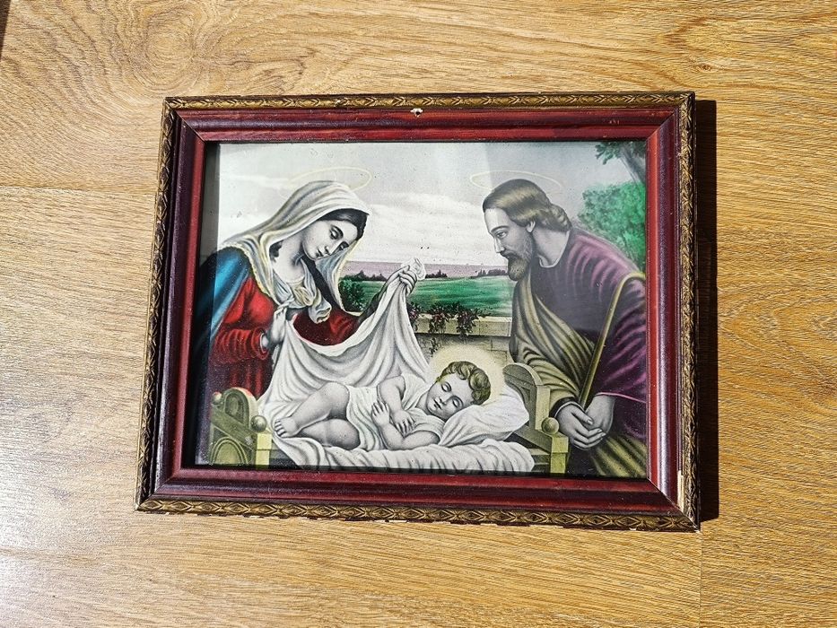 Obraz religijny – Święta Rodzina w drewnianej ramie, vintage