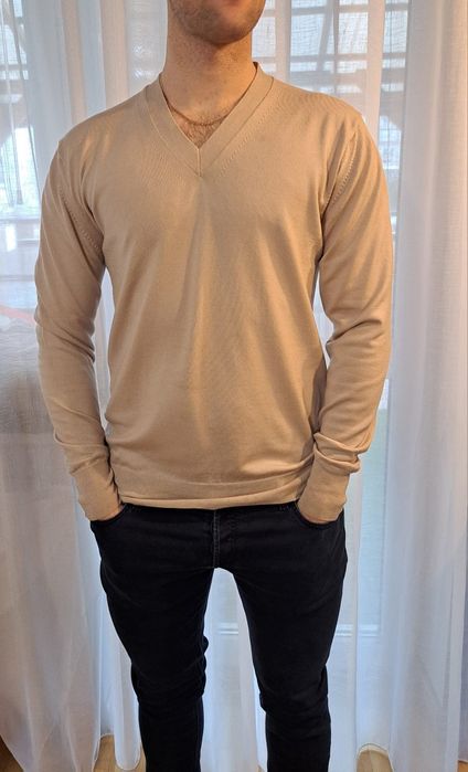 Sweter męski, Reiss beżowy  merino dekolt w serek, M, wełna