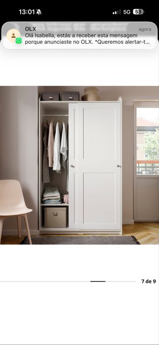 Roupeiro c/portas deslizantes, branco, 118x55x199 cm · Como novo