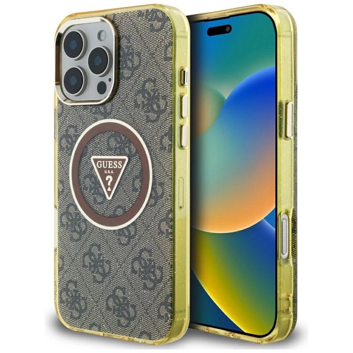 Etui Guess IML Metal Glitter 4G Circle Triangle MagSafe na iPhone 16 Pro Max - brązowe