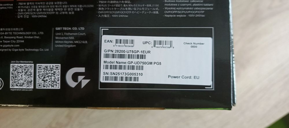 Zasilacz Gigabyte 750W 80+ GOLD ATX 3.0