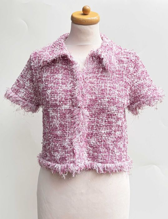 Bluzka Zara L 40 Tweedowa Różowa Biała Kratka Top Krótka