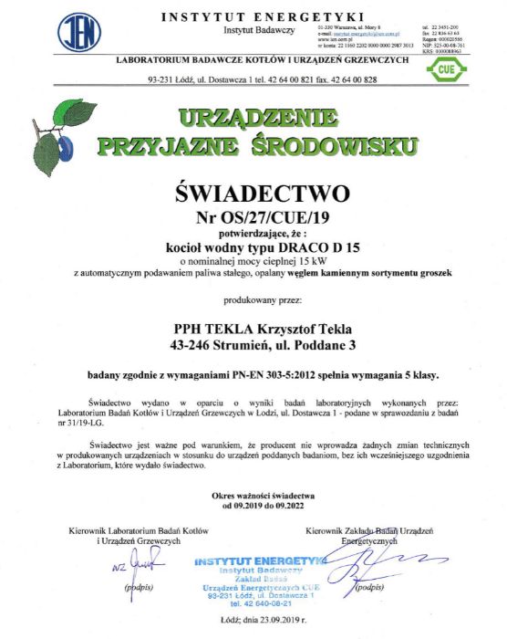 Kocioł na ekogroszek Tekla DRACO D 15 kW - 5klasa - Ecodesign