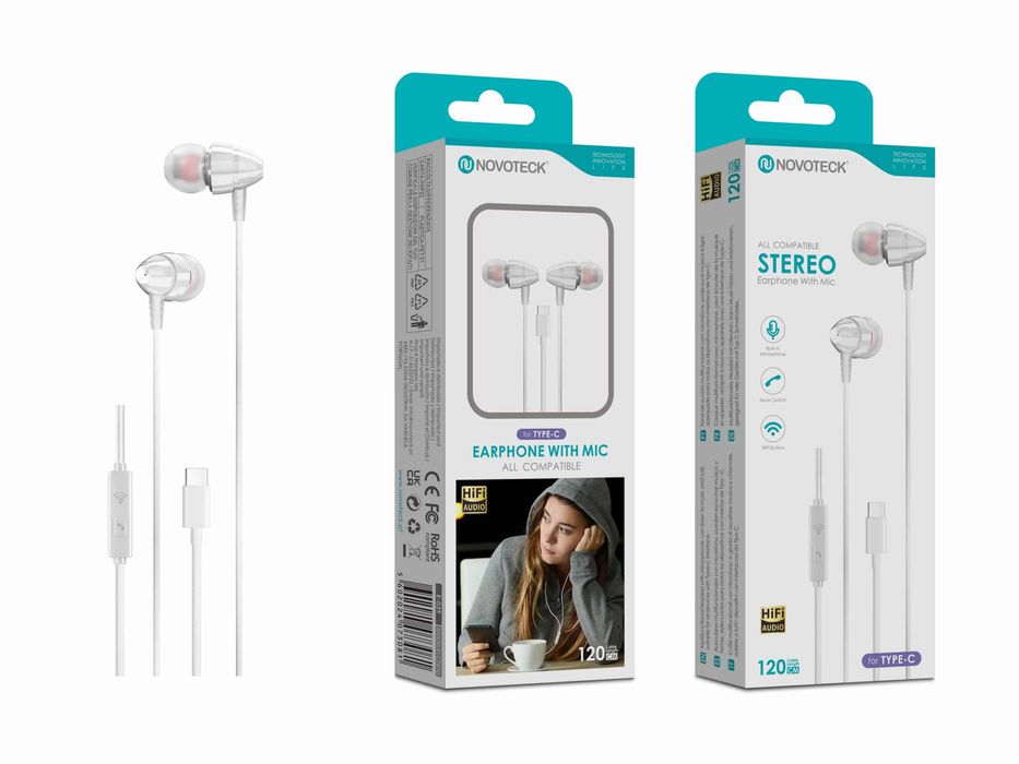 Auriculares Estéreo com Microfone Novoteck E-039 Conexão USB-C, Áudio
