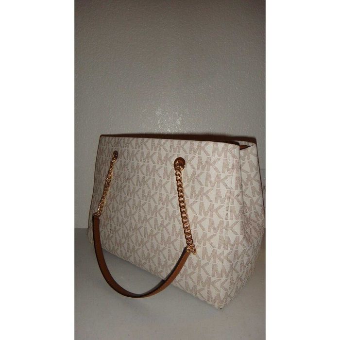Michael Kors Brynn MK Logo LG Chain Shoulder Tote Bag White Vanilla