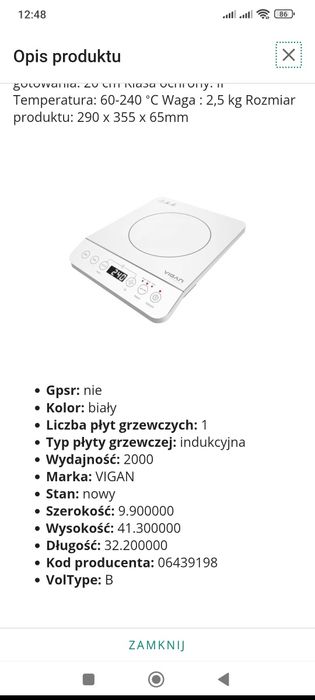 kuchenka indukcyjna jednostrefowa płyta wolnostojąca biała