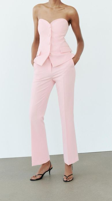 Elegancki komplet garniturowy pudrowy róż top gorset spodnie Zara L