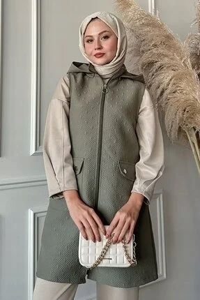 In style długa kamizelka damska z kapturem na zamek z fakturą 42 5ha