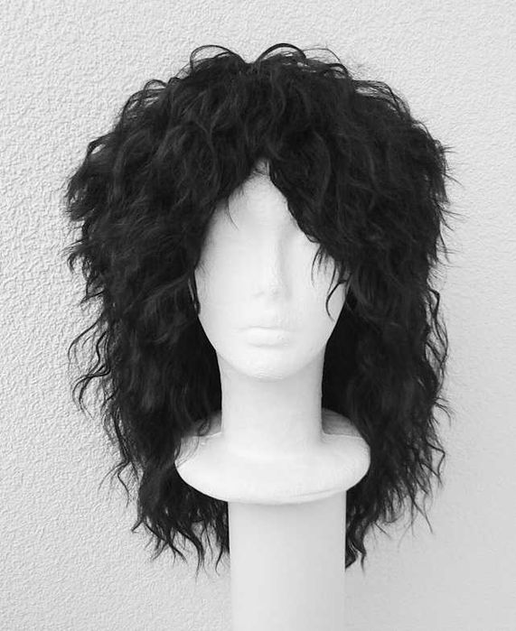 Rockman Gwiazda rocka lata 80 falowana czarna peruka wig cosplay