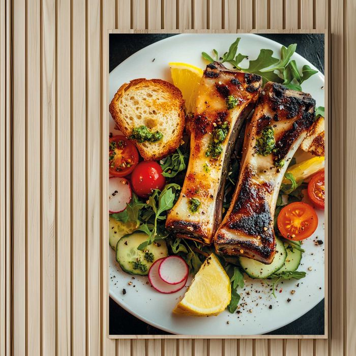 plakat reklamowy smażone mięso w warzywach do baru i restauracji