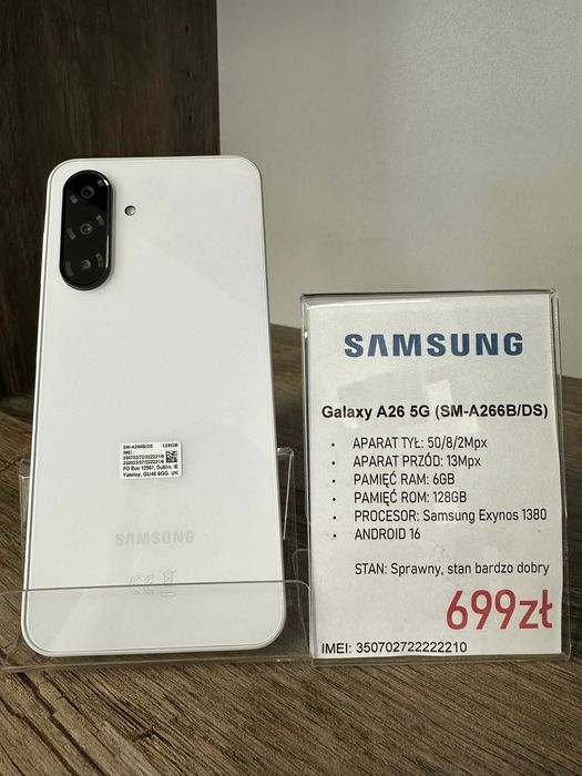 Smartfon Telefon Samsung Galaxy A26 5G (SM-A266B/DS) 6/128GB biały bdb gwarancja