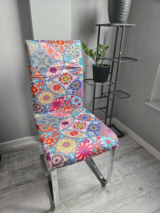 Pokrowce na krzesła wzór folklor kolorowe 4 szt uniwersalne