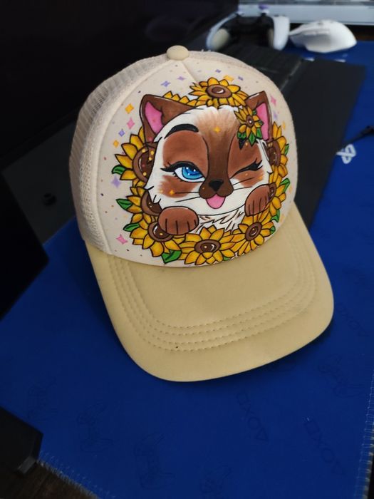 Boné personalizado com pintura - gato e girassois