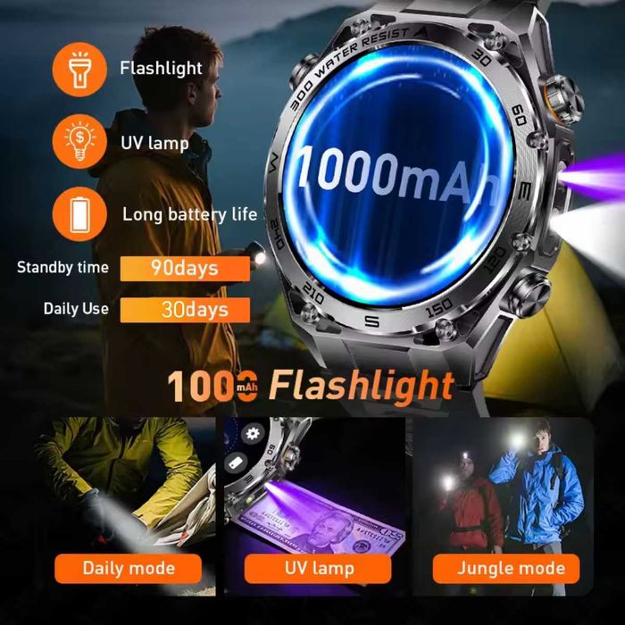 Смарт часы: HARDY AK105 PRO. NFC. 1000mAh. LED-фонарик. UV лампа.