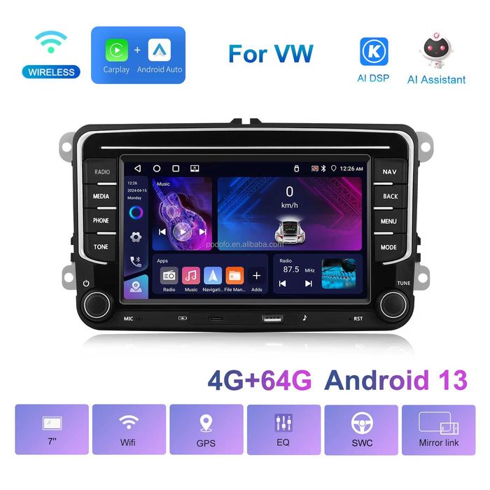 Rádio 4/64GB VW Golf Polo Passat Skoda Seat Carplay Android Auto GPS