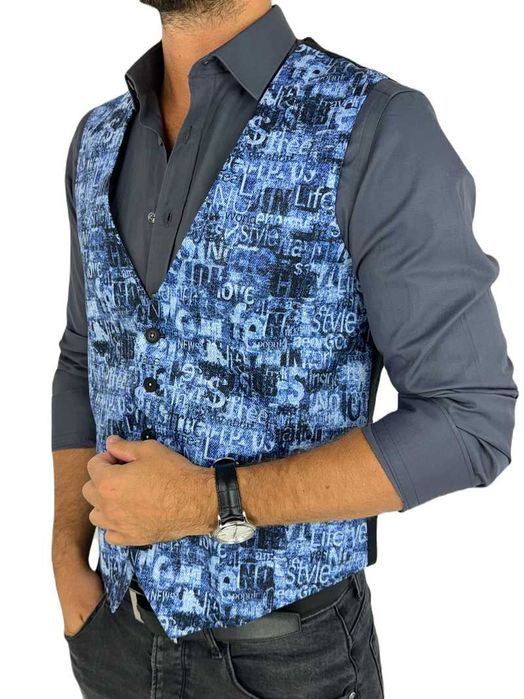 GIOVANNI PERA kamizelka męska D628 niebieska w napisy, efekt jeansu