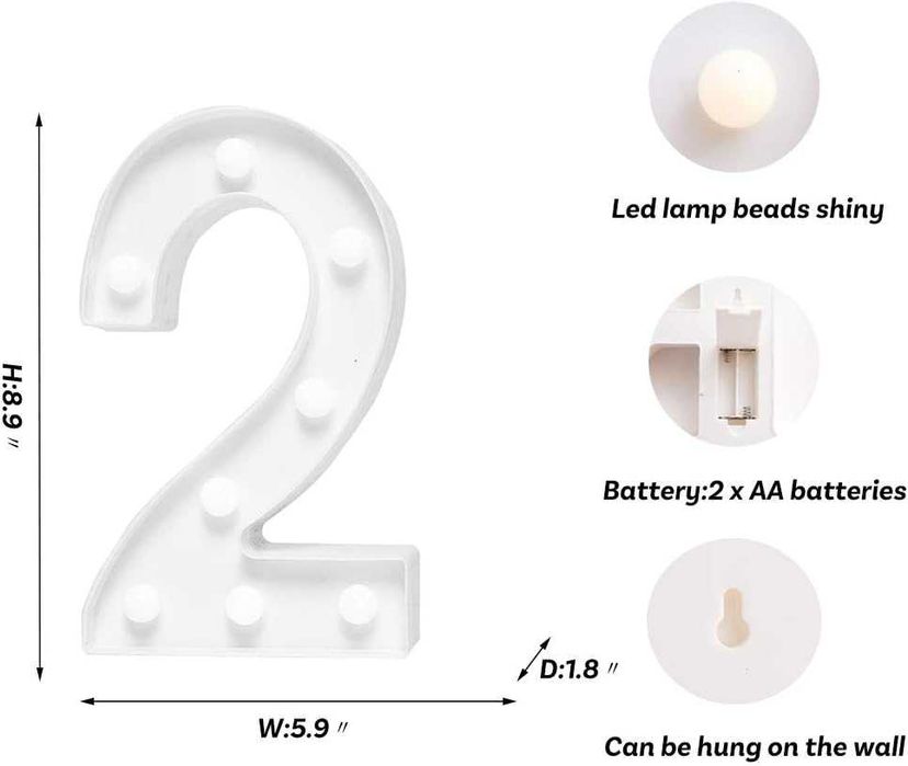 Światło LED cyfra 2, plastikowe oświetlenie dekoracyjne, lampka nocna