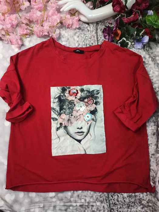 Bluzka damska Elite czerwona z aplikacją 3D kwiaty motyle bawełna L XL