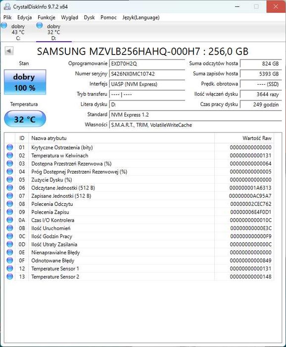 Dysk SSD Samsung PM981 M.2 256GB 2280 NVMe GW3m 249h 166