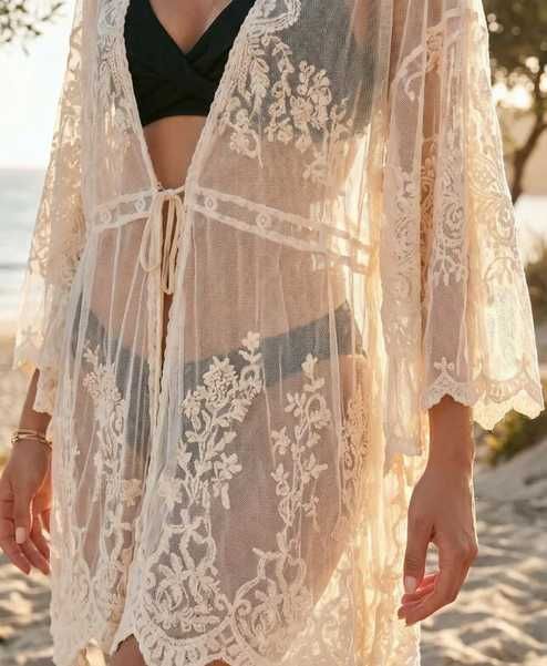 kremowe kimono narzutka hafty plaza s/m