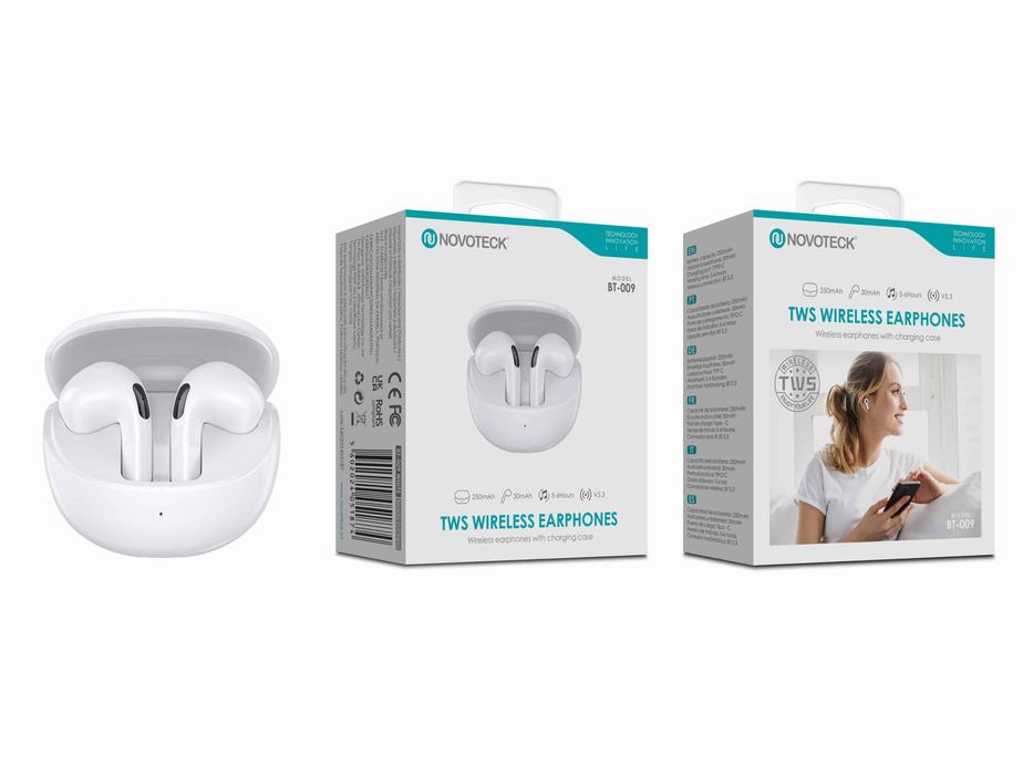 Auriculares Bluetooth TWS Branco BT-009 Estojo de Carregamento, Design