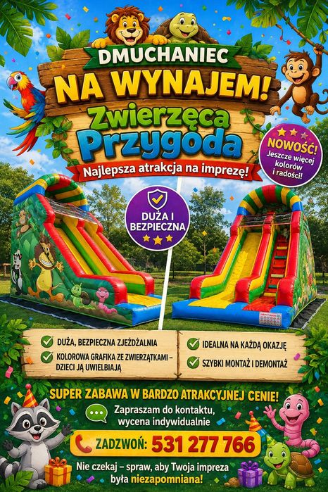 Dmuchaniec/ dmuchana zjeżdżalnia do wynajęcia – „Zwierzęca Przygoda”