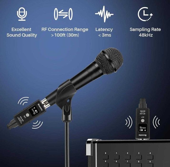UHF бездротовий XLR адаптер передавач+приймач для мікрофона Boeska (MTU002) USB зарядка, 30 м дальність