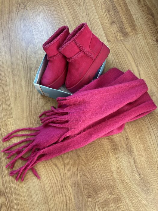 Śniegowce damskie różowe i szalik komplet