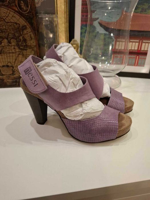 37 Nessi liliowe lawendowe fioletowe sandały skórzane buty na obcasie obcasy skóra naturalna szpilki sandałki letnie na lato eleganckie imprezowe boho