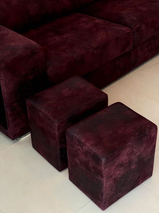 Sofá cama 3 lugares pele verdadeira bordeaux c/ 2 bancos incluídos