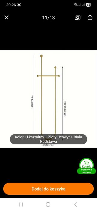 Sprzedam wieszak stojący na kurtki, złoty mat z białą podstawą