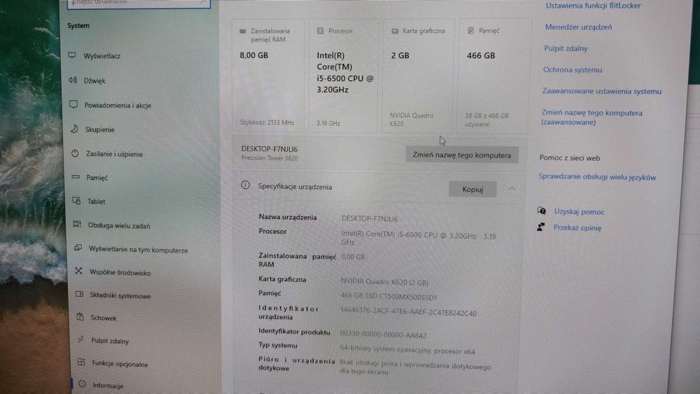 Komputer DELL Precision 3620 i5 3.2GHz 8GB SSD 500GB TLC NVIDIA Quadro