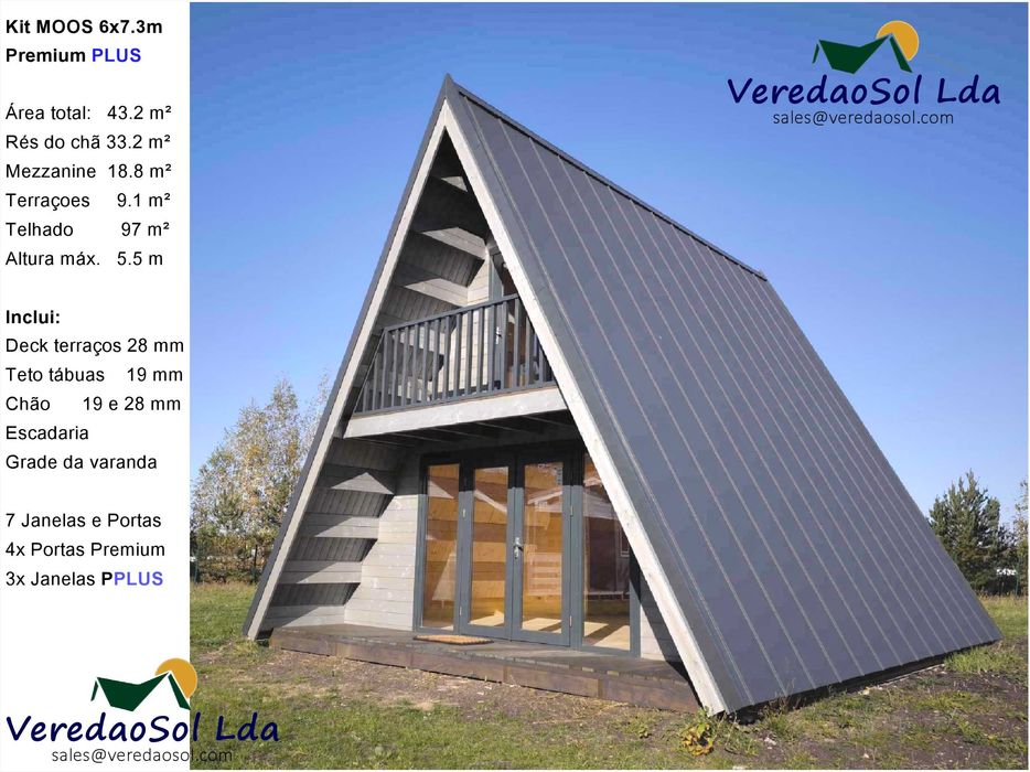 Casa madeira KIT MOOS T2 / Gizeh3 52m² - Telhado 97 m² - Pré fabricada