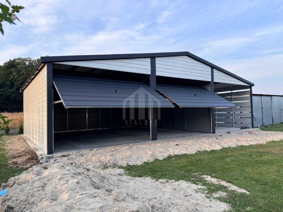 Garaż blaszany 6x5m + wiata 3m - 2x brama okno biały dach rynny SO131