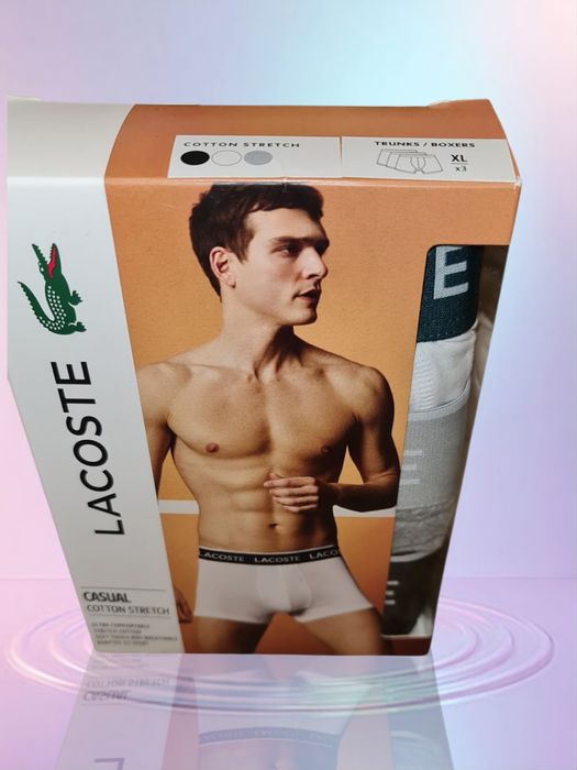 3 szt. bokserki Lacoste oryginalne, rm. XL, czarne szare i białe, z op