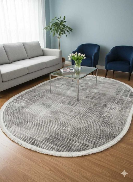 Dywan do salonu owalny 150x230cm, szaro kremowy z frędzlami