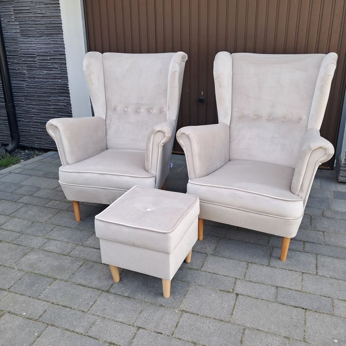 Fotel uszak welur dostępny od ręki,  butelkowa zieleń,  pudrowy, szary