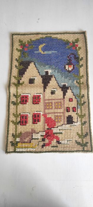 Gobelin  Domki  Len Handmade Haft krzyżykowy