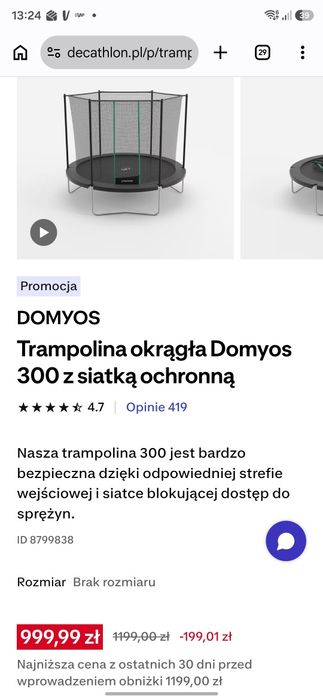 Trampolina okrągła Domyos 300 z siatką ochronną