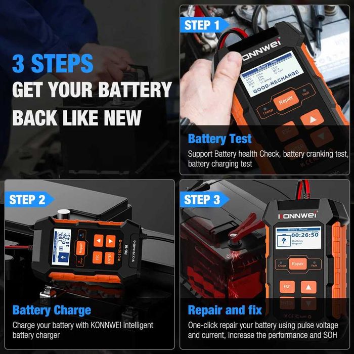 KONNWEI KW520 12V 10A 24V 5A Гарантія Зарядний пристрій + тестер АКБ