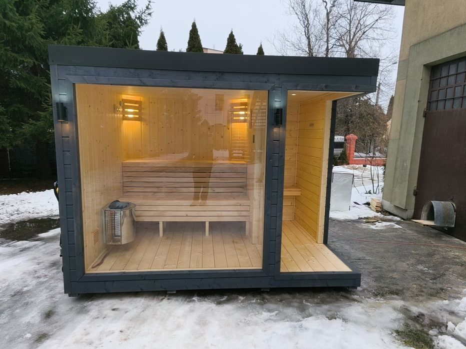 SAUNA zewnętrzna OGRODOWA 3,2x2,3 m Ocieplona +Piec + Witryna