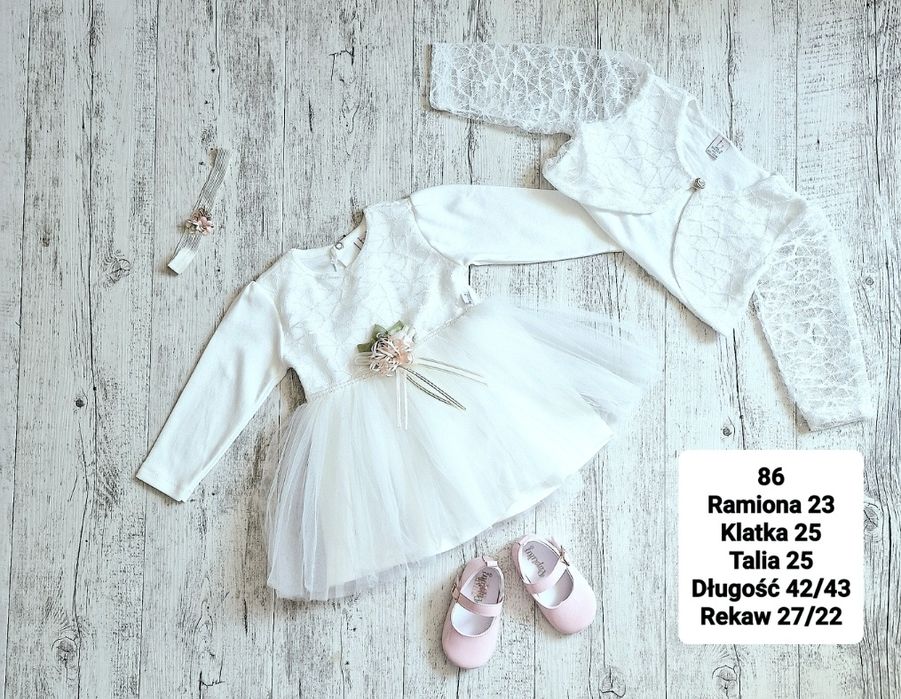 Zestaw do chrztu 86 kpl sukienka, bolerko, opaska, buty, dekor biały ś