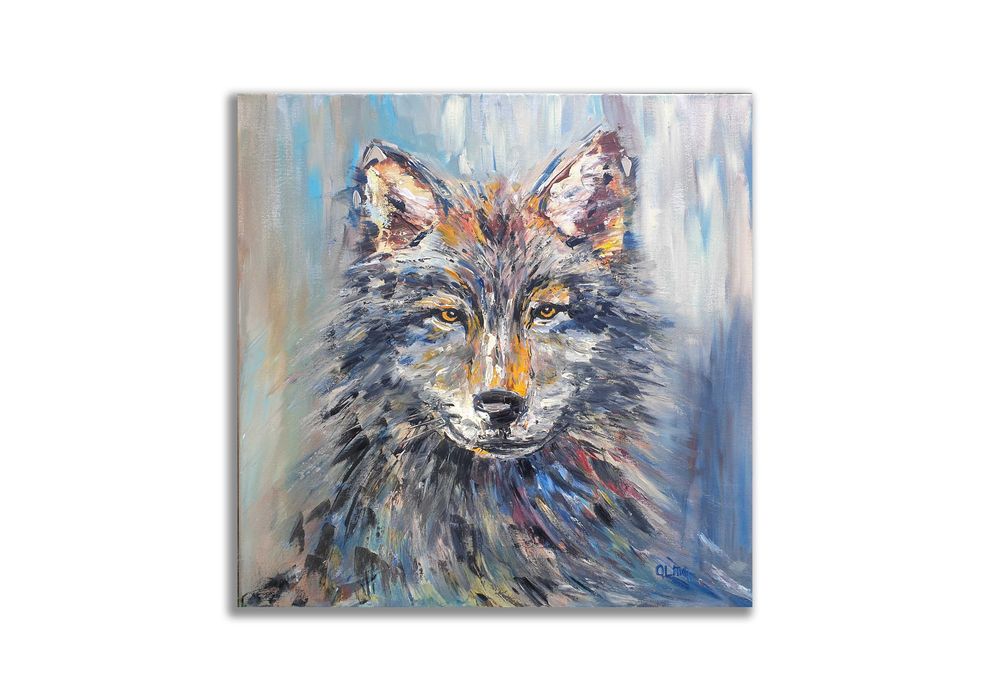 Obraz ręcznie malowany WILK 60x60 gruba warstwa