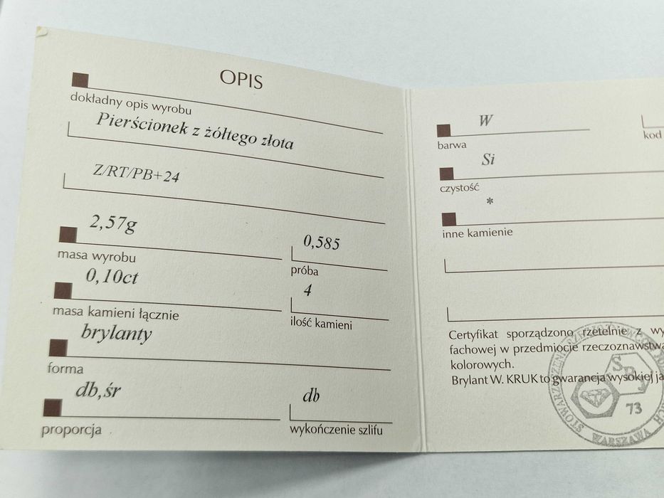 Złoty pierścionek/ 585/ 2.57 gram/ R16/ 4x DIA/ 0.10 CT/ od W.KRUK