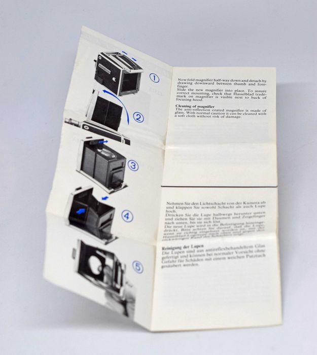 Folheto de instruções do Hasselblad Standard Focusing Hood 42315 Visor