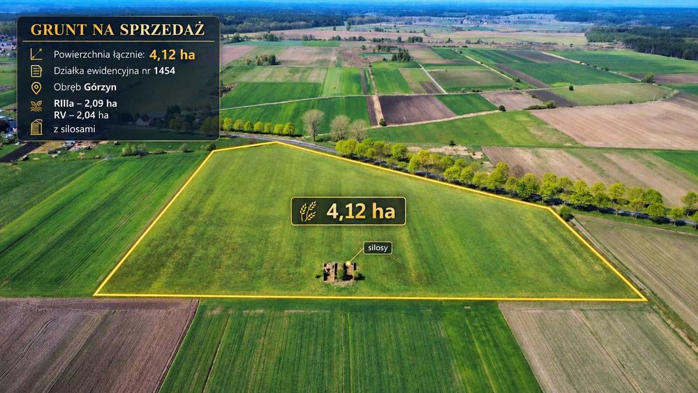 Grunt rolny 4,12 ha Górzyn k. Lubska – asfalt, silosy betonowe